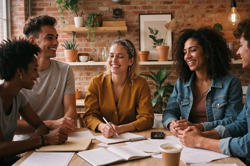 Mixed group of diverse individuals discussing ideas in a vibrant space.